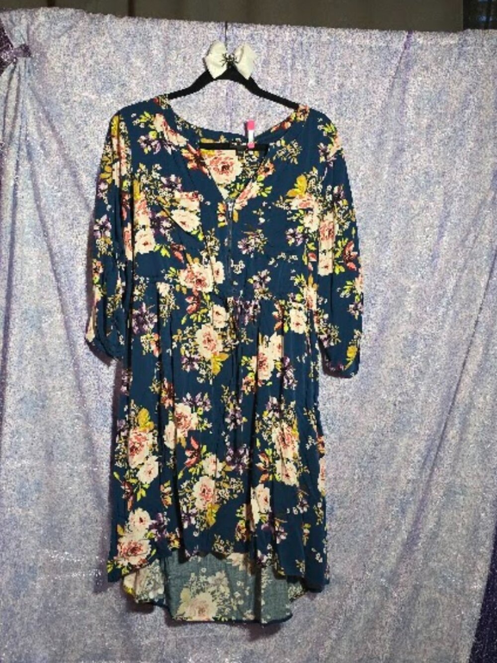Torrid Floral High-Low Zip Front Shirt Dress Teal Blue Size 1
